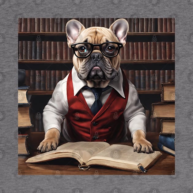 Chic French Bulldog: Hyperreal Red-Suit in Whimsical Library by BencDesignStudio